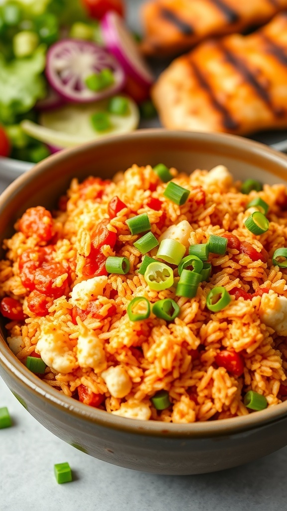 A bowl of cauliflower jollof rice garnished with green onions, served with grilled chicken and salad.